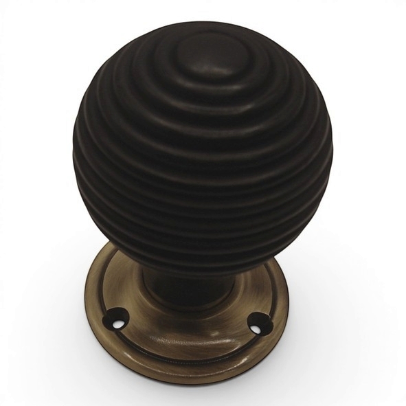 PDF1016P2/AB  Ebonised / Antique Brass  Period Timber Round Beehive Mortice / Rim Knob Set With Classic Roses